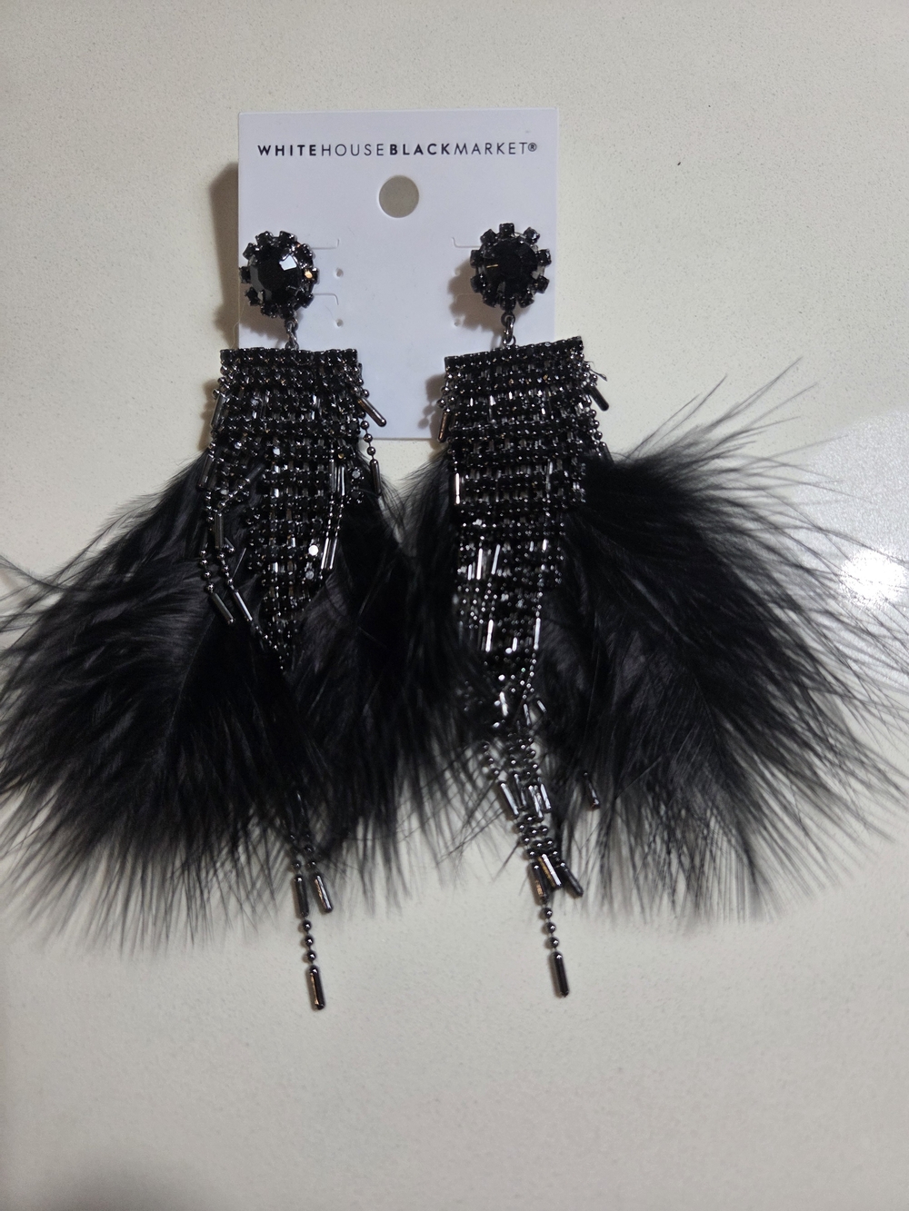 NEW! White House Black Market Black Feather Fringe Drop Earrings
